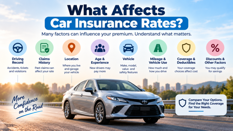Factors that affect car insurance rates including driving record, location, vehicle, mileage, coverage, and discounts